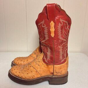 Lucchese 2000 Full Quill Ostrich Red Tan Leather W Cowboy Boots Size 6.5 B